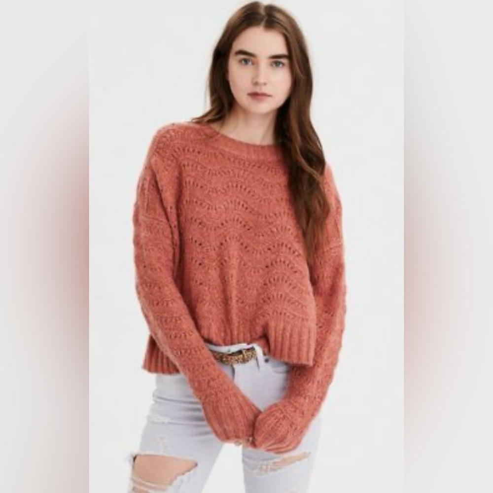 AMERICAN EAGLE  Oversized Crochet Sweater Orange Peach Long Sleeve Small